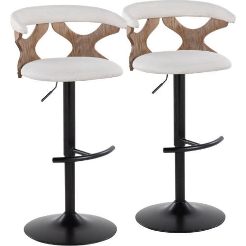 Gardenia Adjustable Swivel Bar Stool in White Washed Wood, Black Metal & Cream Fabric (Set of 2)